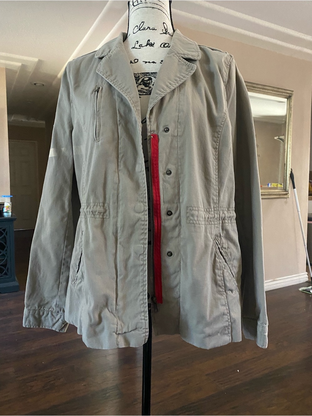 Olive & Oak khaki Utility Jacket with Red Zip Trim